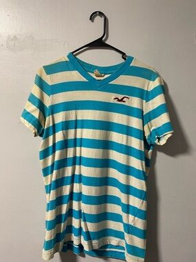 Hollister Turquoise & Cream Striped V-Neck Tee
